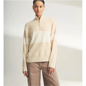 Naadam Beige and White Striped Quarter-Zip Sweater